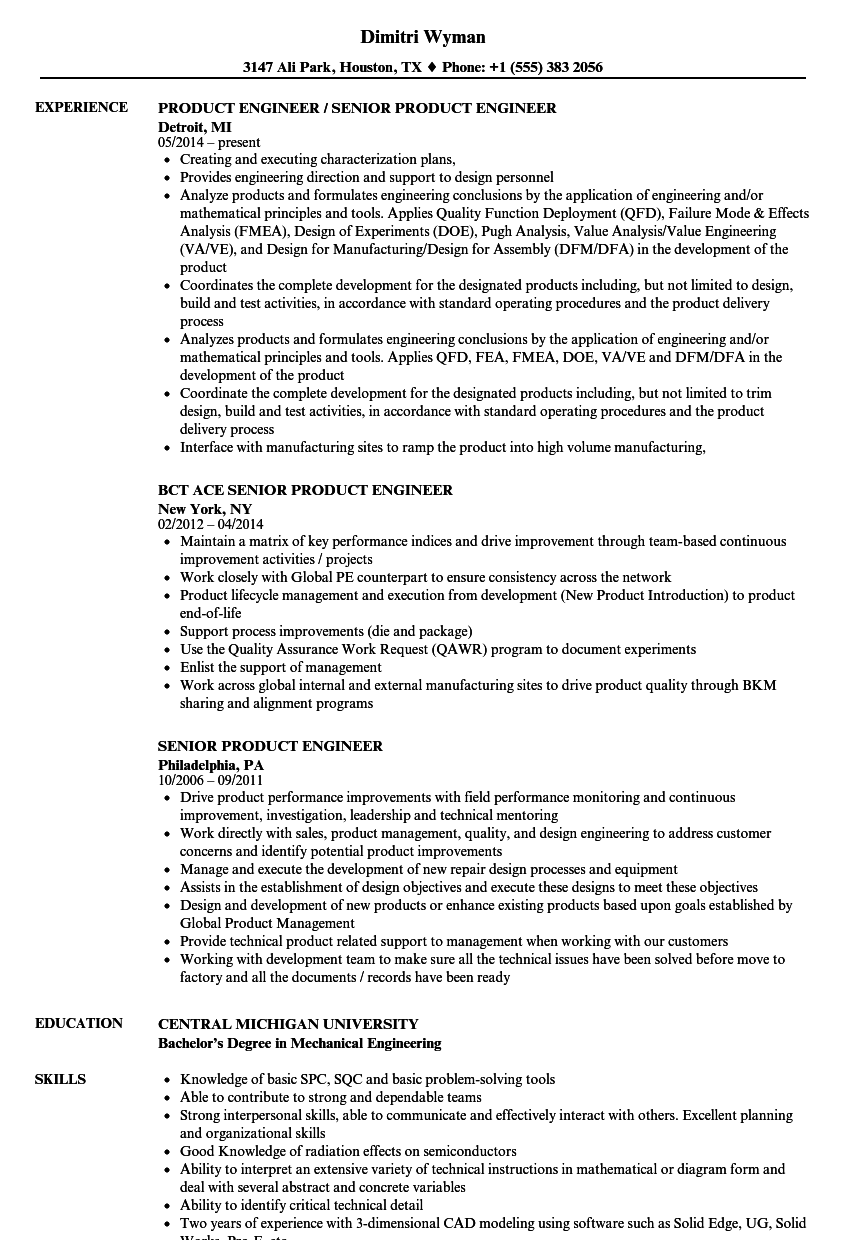 Senior Product Engineer Resume Samples Velvet Jobs