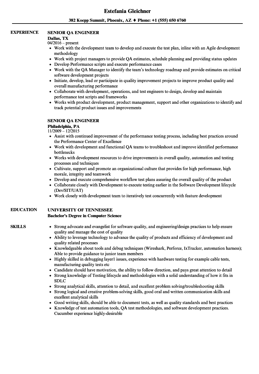 Senior Qa Engineer Resume Samples Velvet Jobs