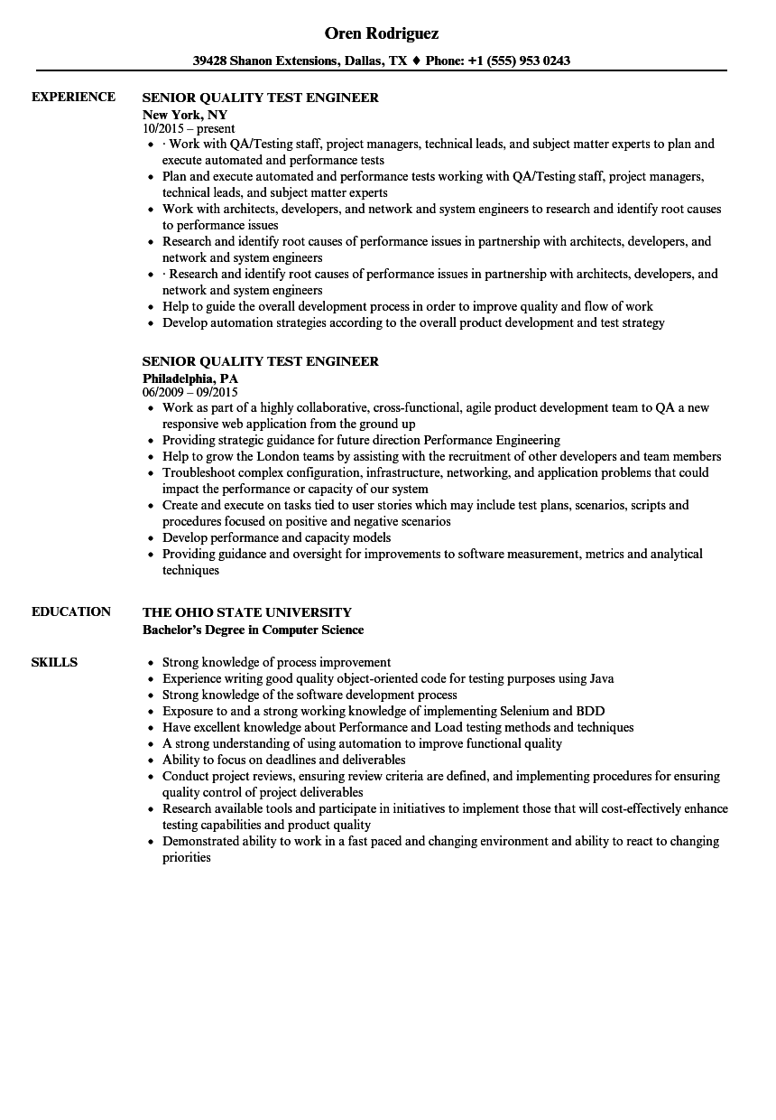 Senior Quality Test Engineer Resume Samples  Velvet Jobs