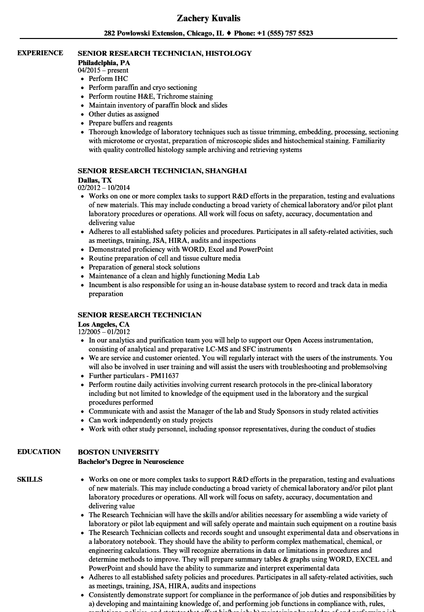 Senior Research Technician Resume Samples | Velvet Jobs