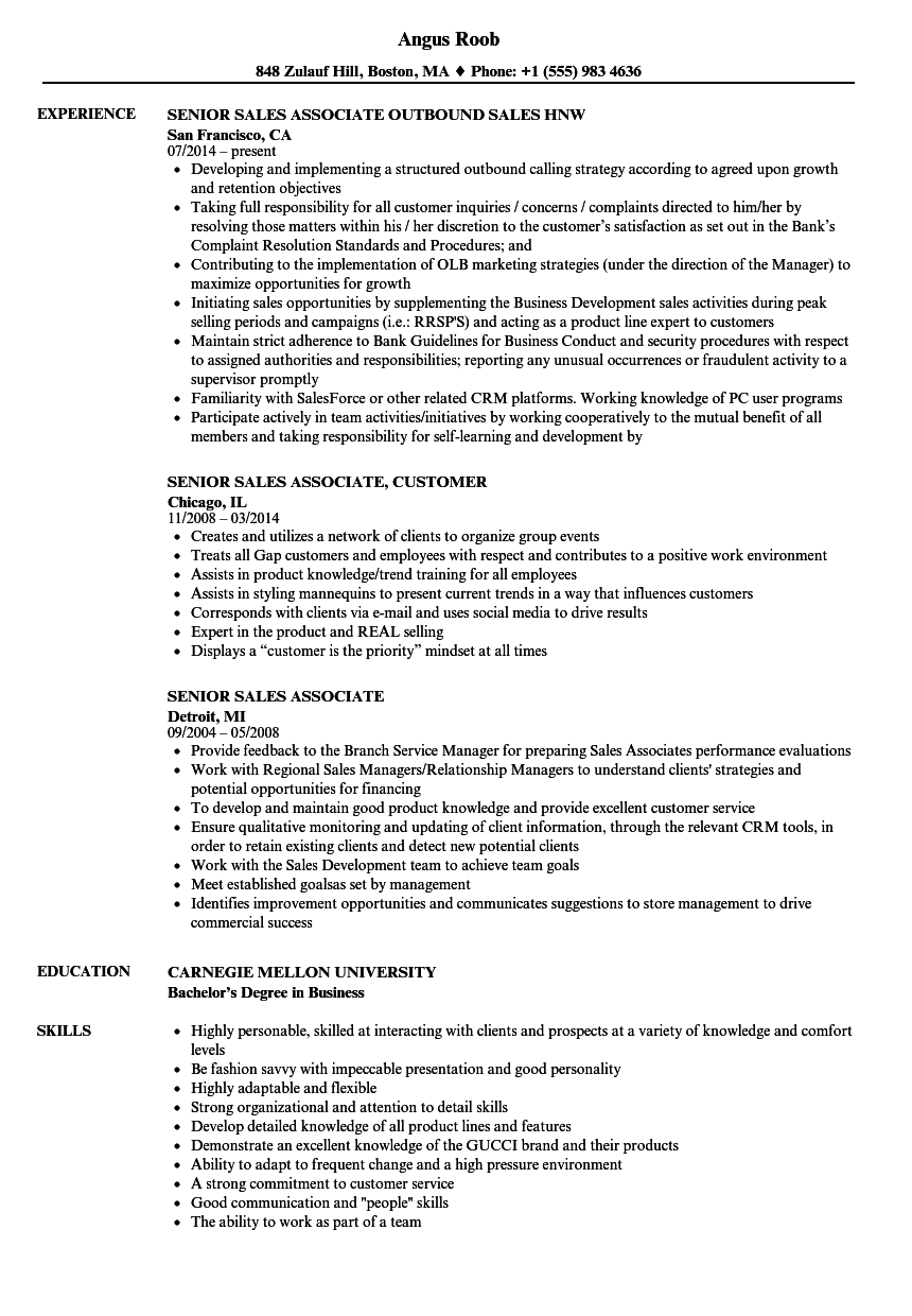 Senior / Sales Associate Resume Samples | Velvet Jobs