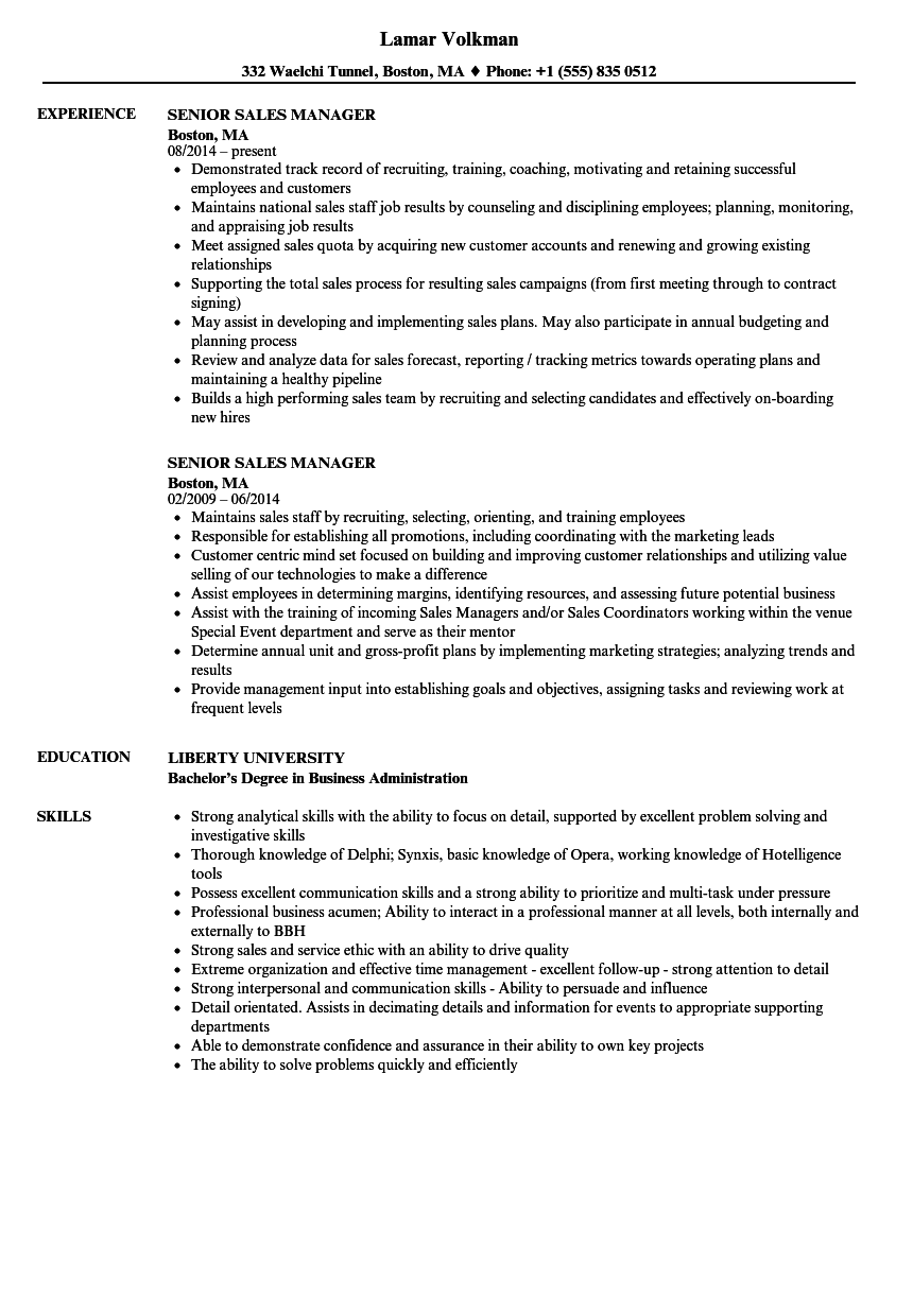 Senior Sales Manager Resume Samples | Velvet Jobs