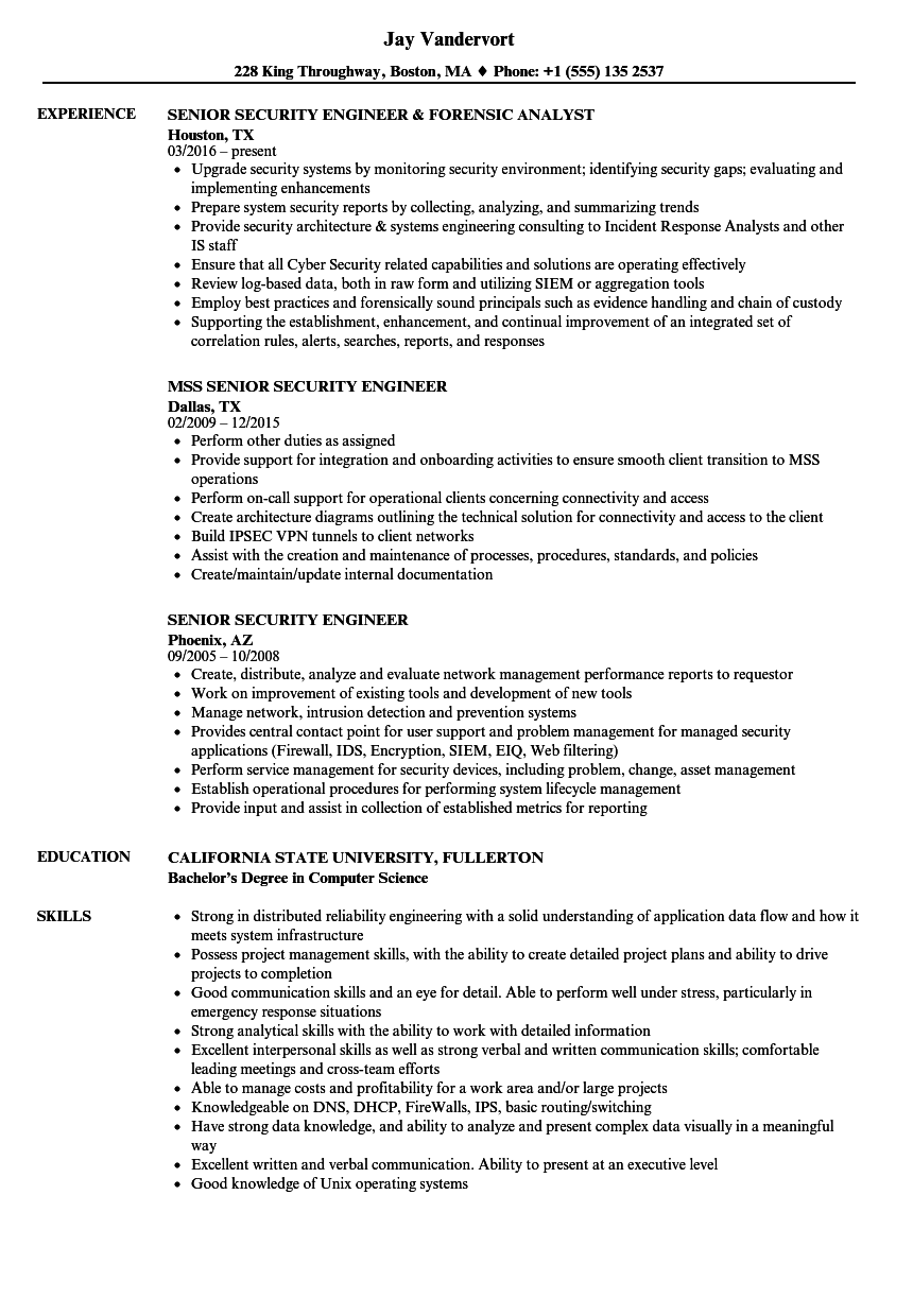 Senior Security Engineer Resume Samples Velvet Jobs