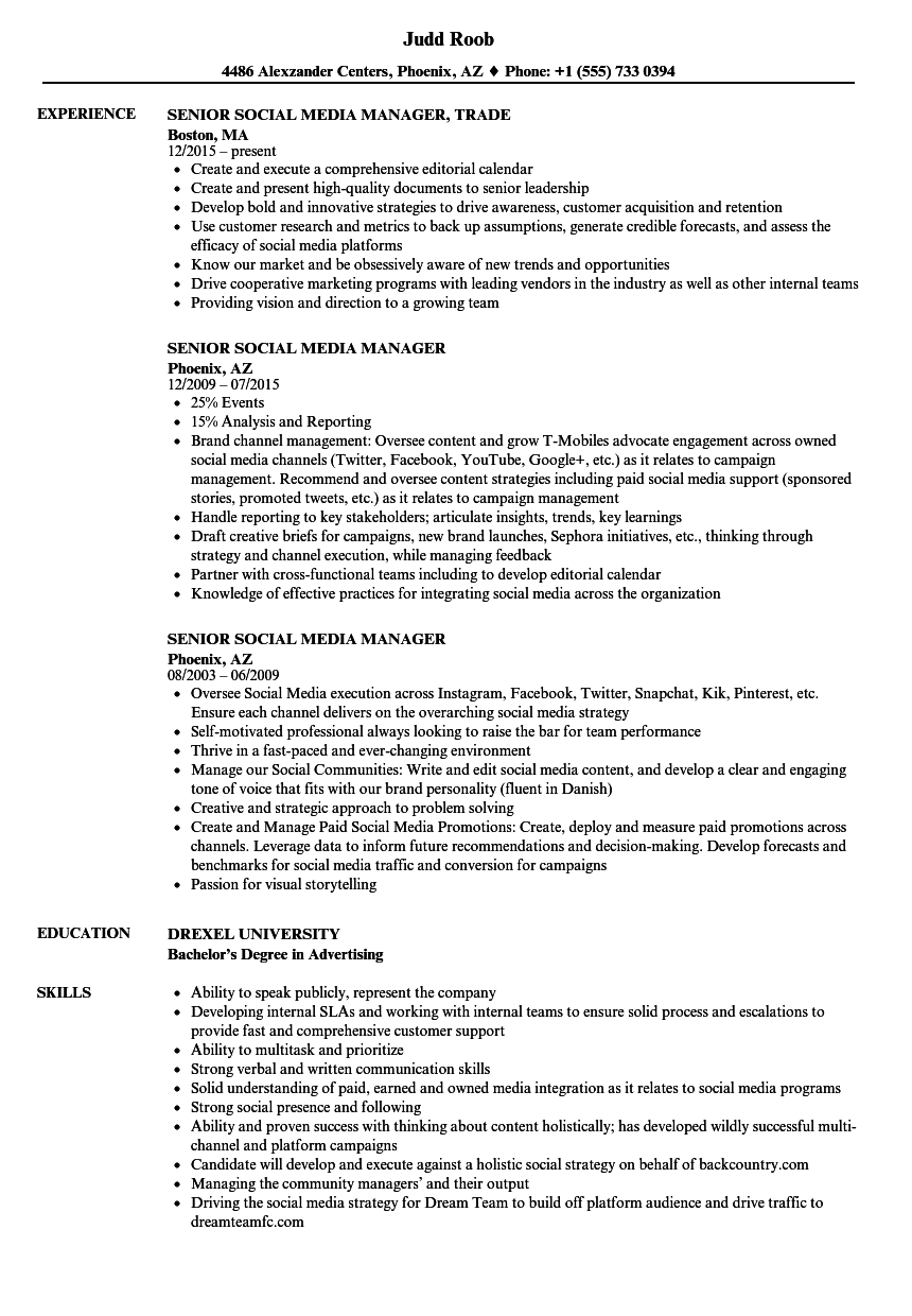 Senior Social Media Manager Resume Samples Velvet Jobs