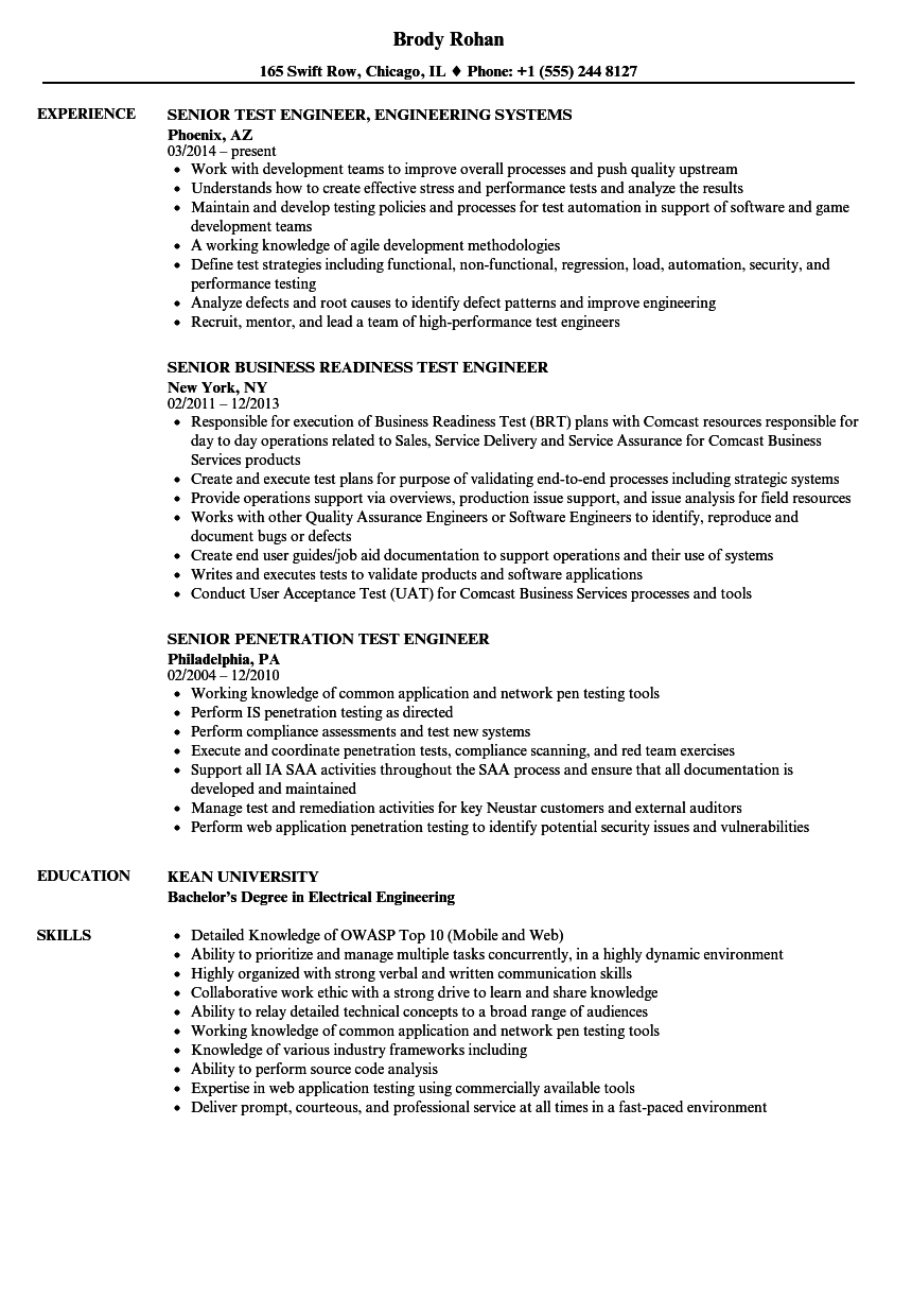 sample resume for senior software test engineer