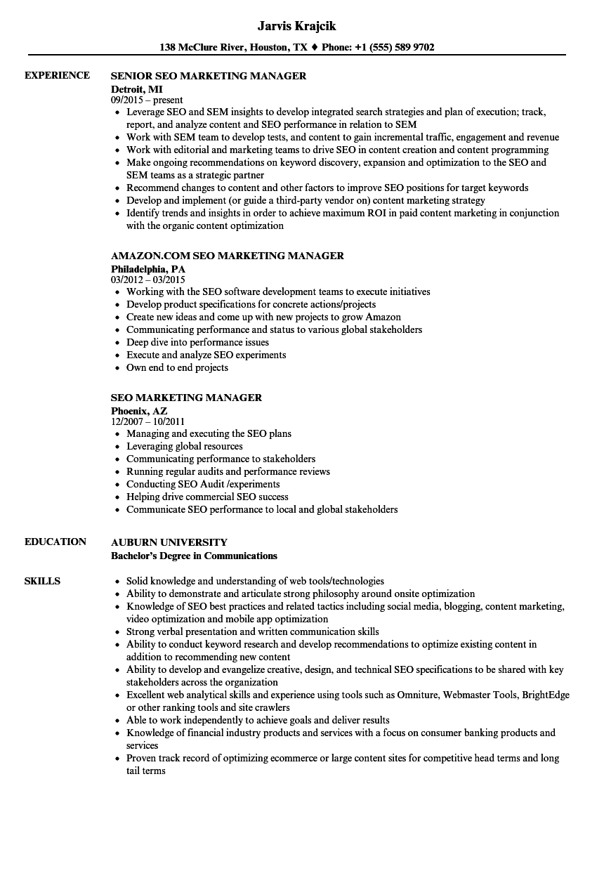Seo Marketing Manager Resume Samples Velvet Jobs