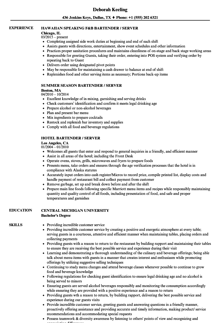 resume examples bartender server