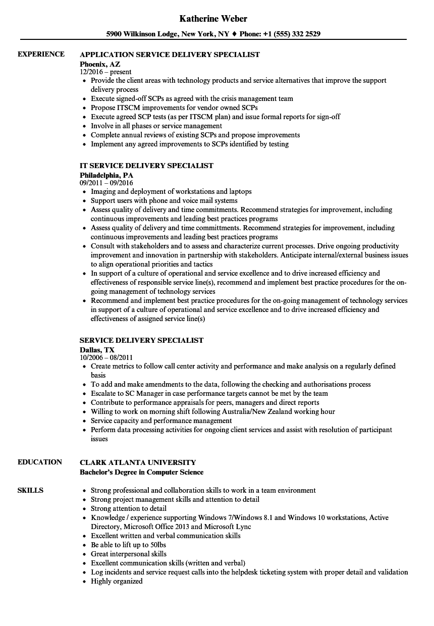 service delivery specialist resume samples