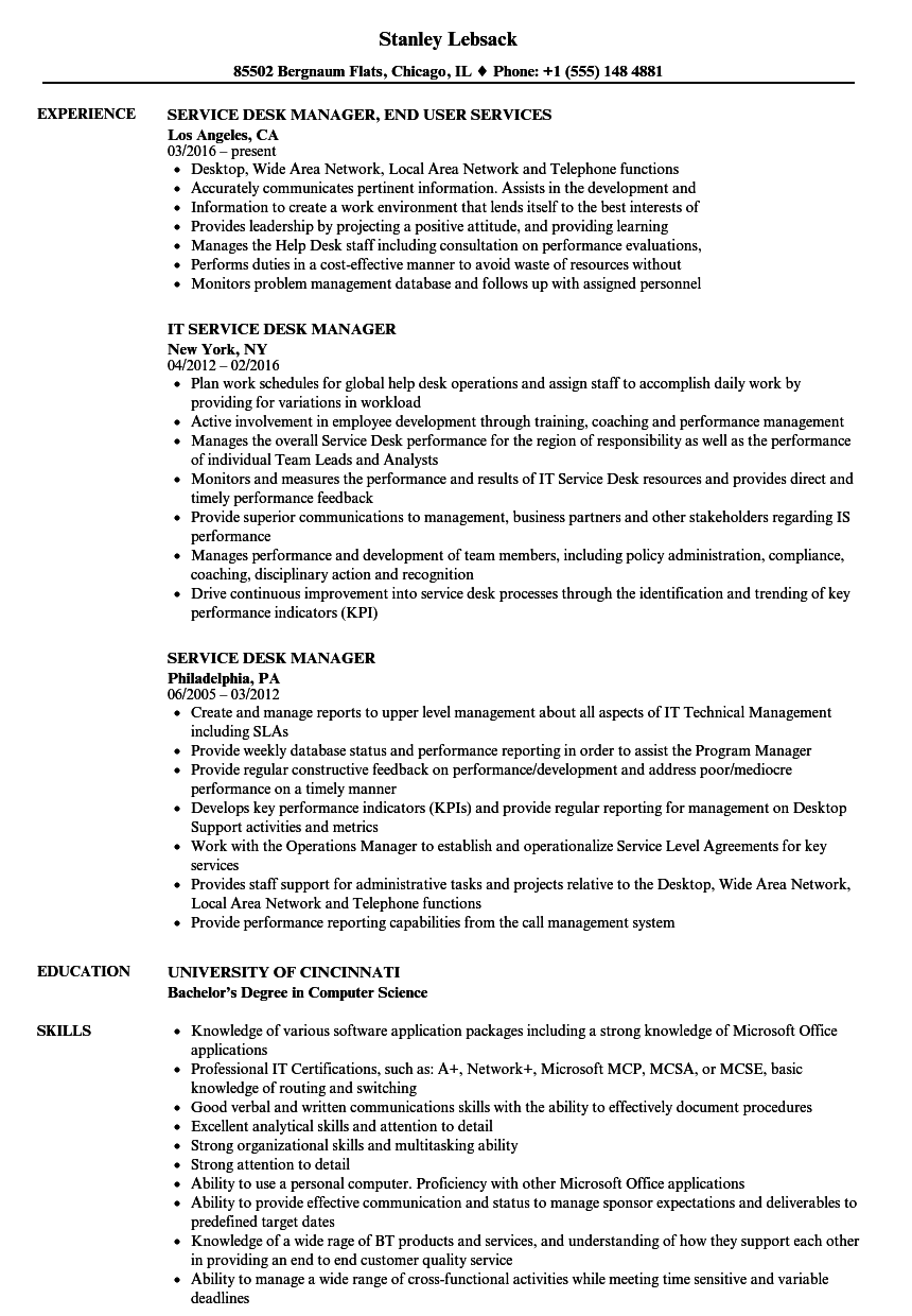 Service Desk Manager Resume Service Desk Manager Sample Resumes