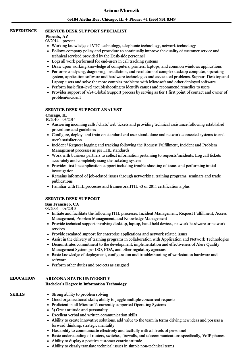 Service Desk Support Resume Samples Velvet Jobs