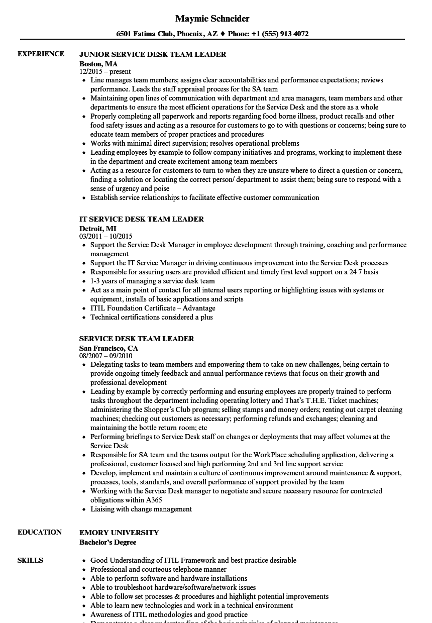 Service Desk Team Leader Resume Samples Velvet Jobs