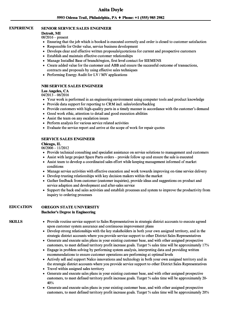 Service Sales Engineer Resume Samples Velvet Jobs