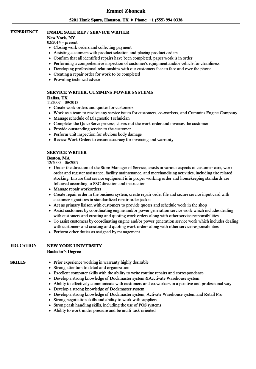 service writer job description for resume