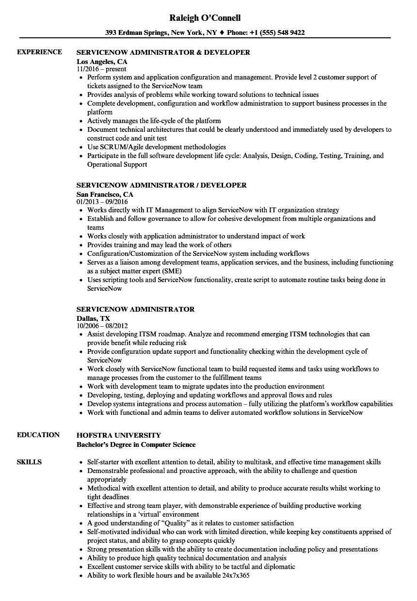 servicenow experience resume