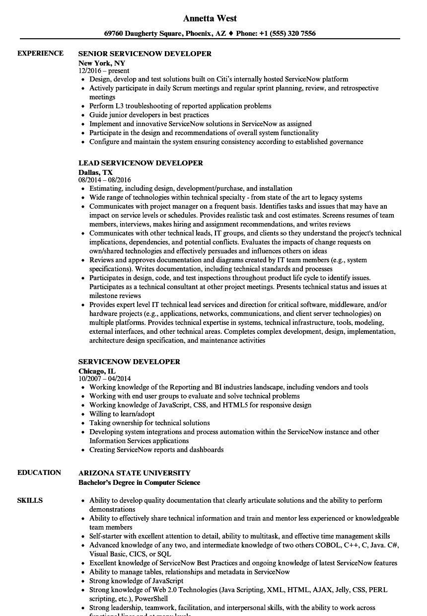resume for servicenow developer