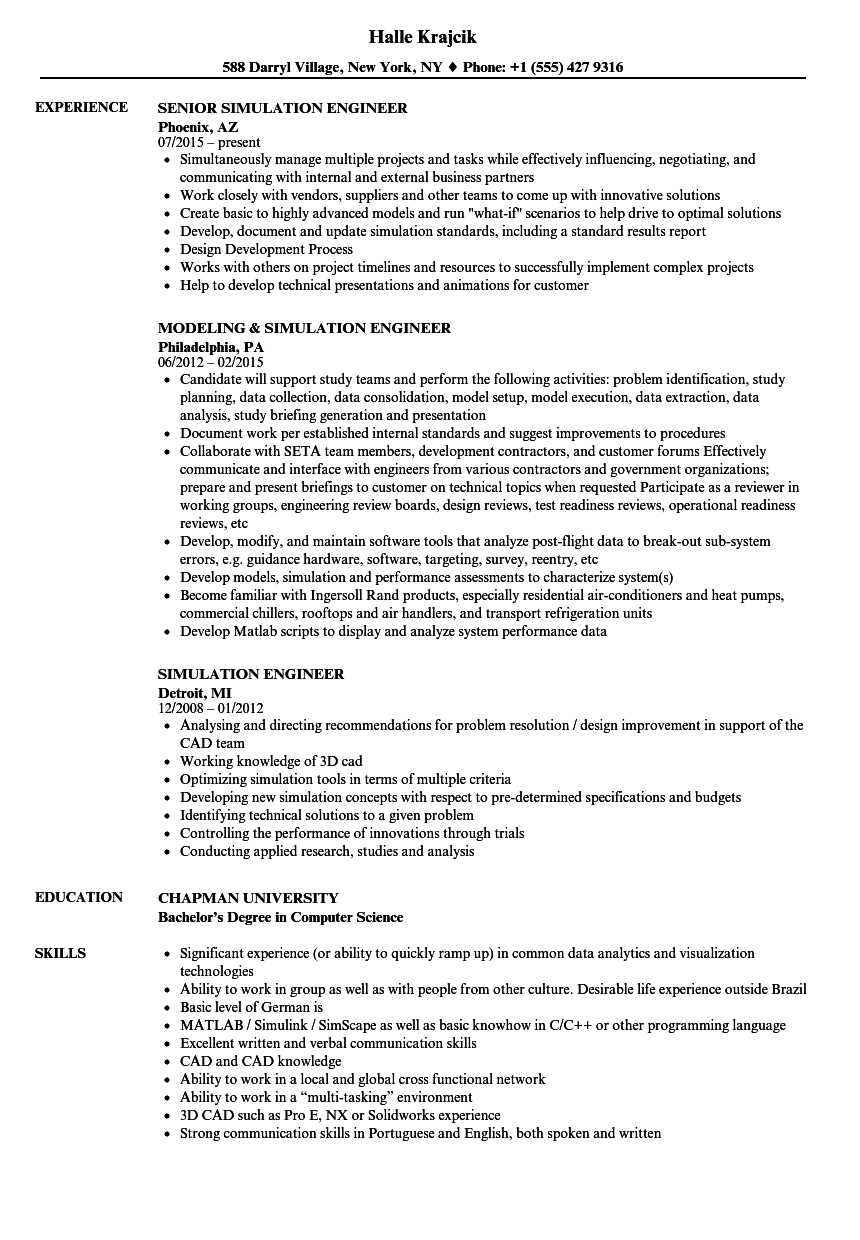 Simulation Engineer Resume Samples | Velvet Jobs