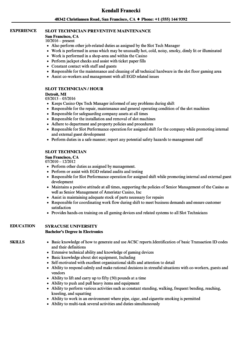 Slot Technician Resume Samples | Velvet Jobs