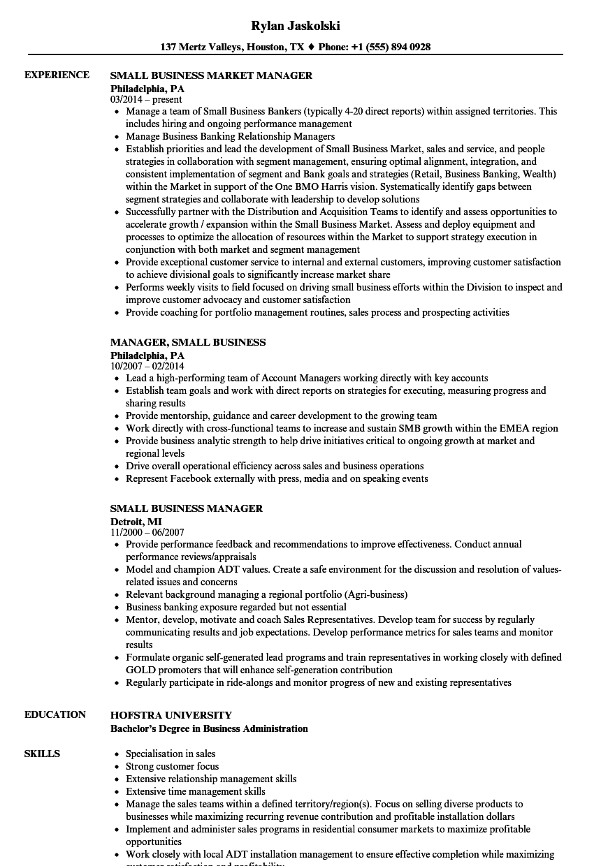 Small Business Manager Resume Samples | Velvet Jobs