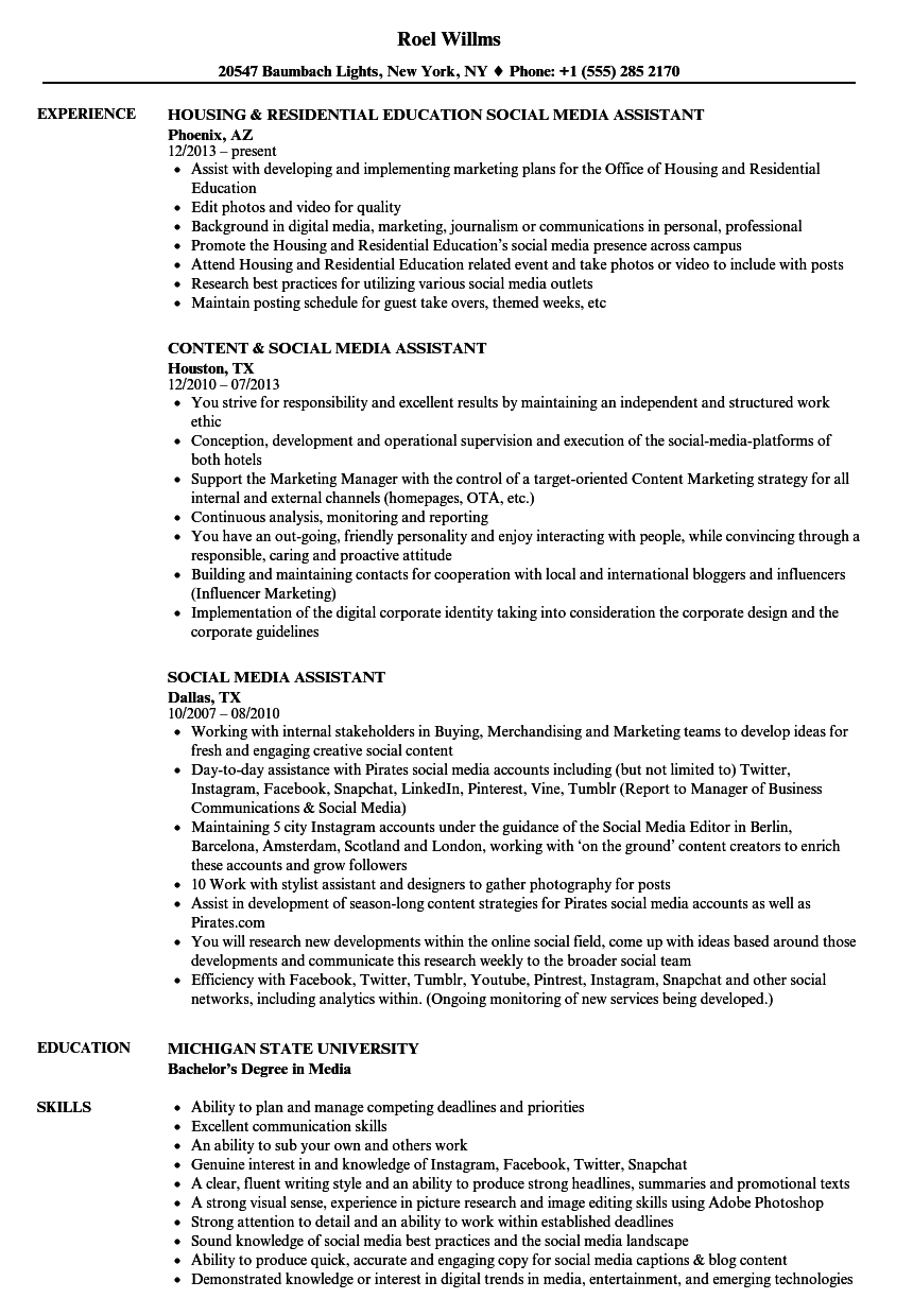 Social Media Assistant Resume Samples | Velvet Jobs