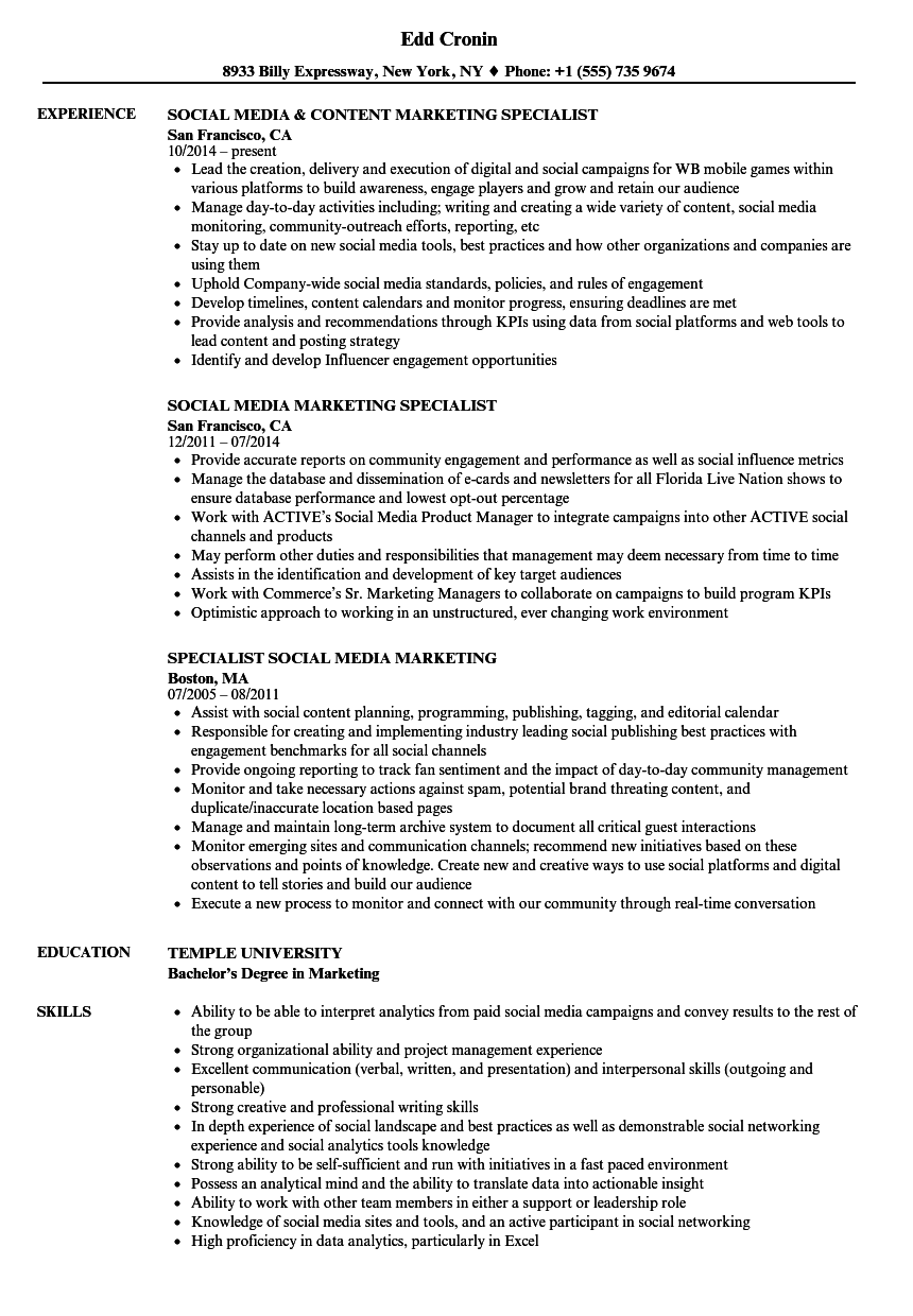 Social Media Marketing Specialist Resume Samples Velvet Jobs