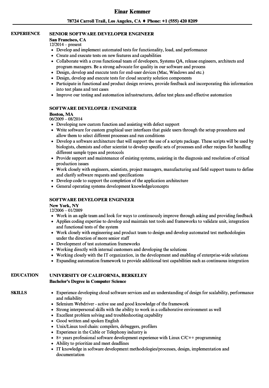 Software Developer Engineer Resume Samples  Velvet Jobs