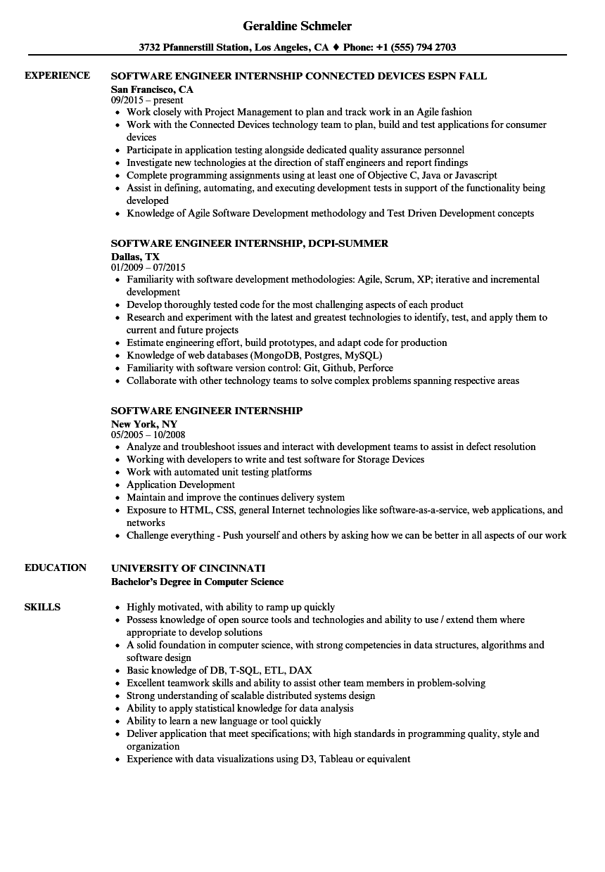 Software Engineer Internship Resume Samples  Velvet Jobs