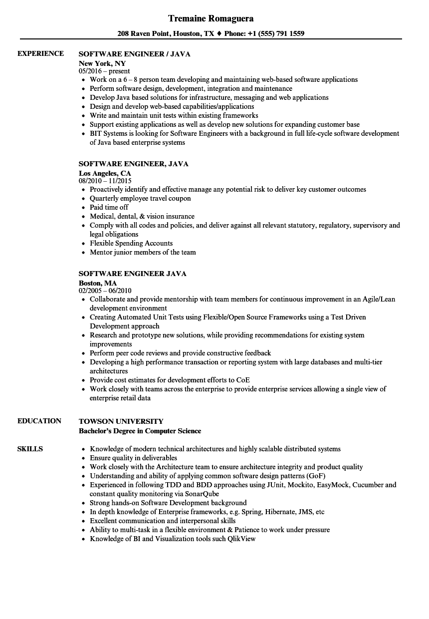 Software Engineer Java Resume Samples Velvet Jobs