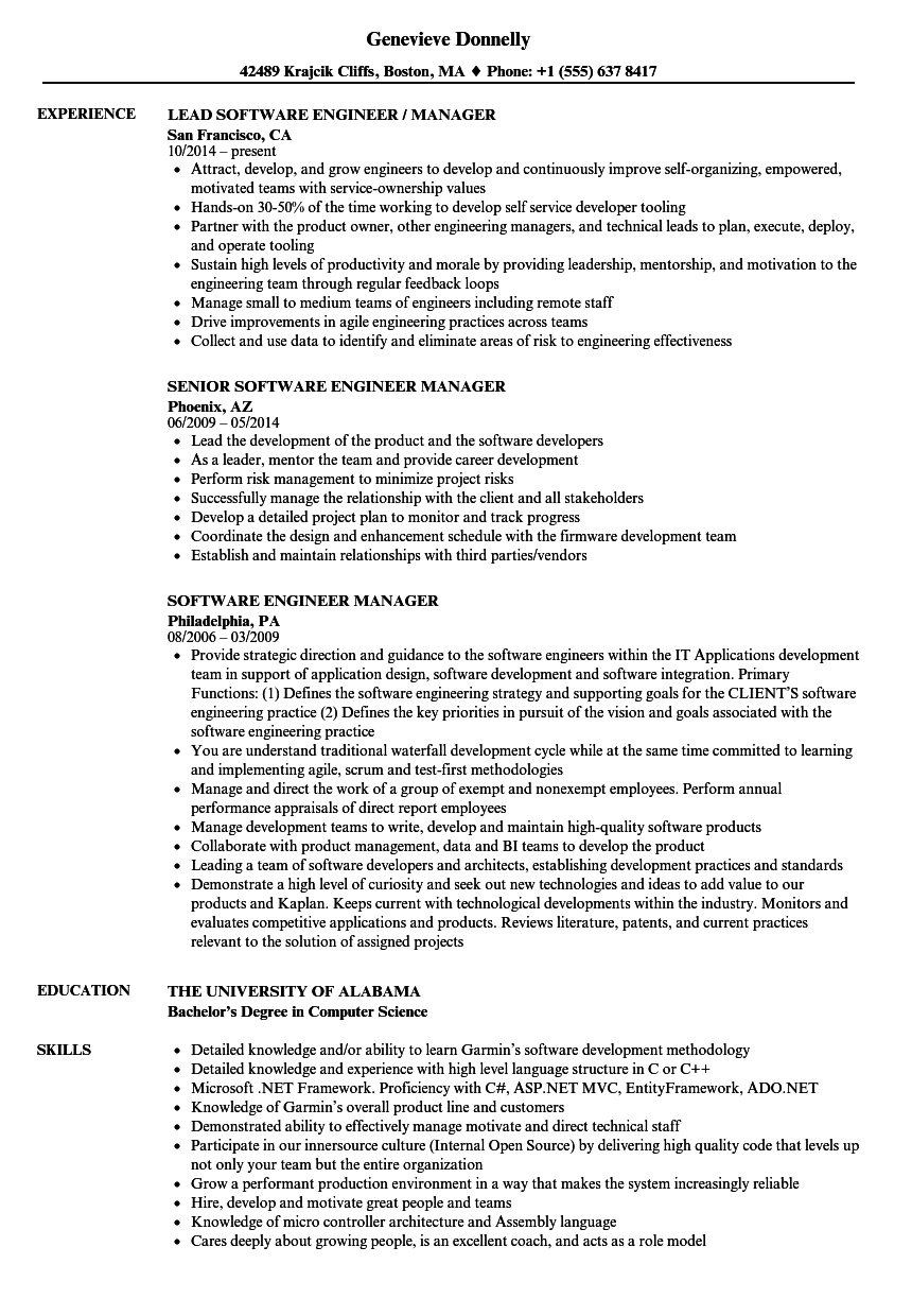 Sample Resume For Software Engineering Manager Software Engineer