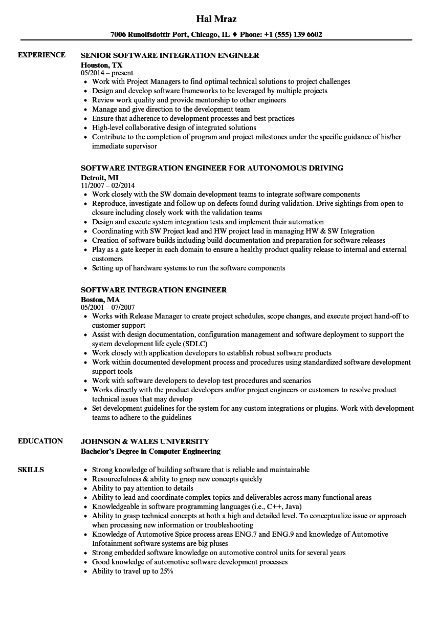 Software Integration Engineer Resume Samples  Velvet Jobs