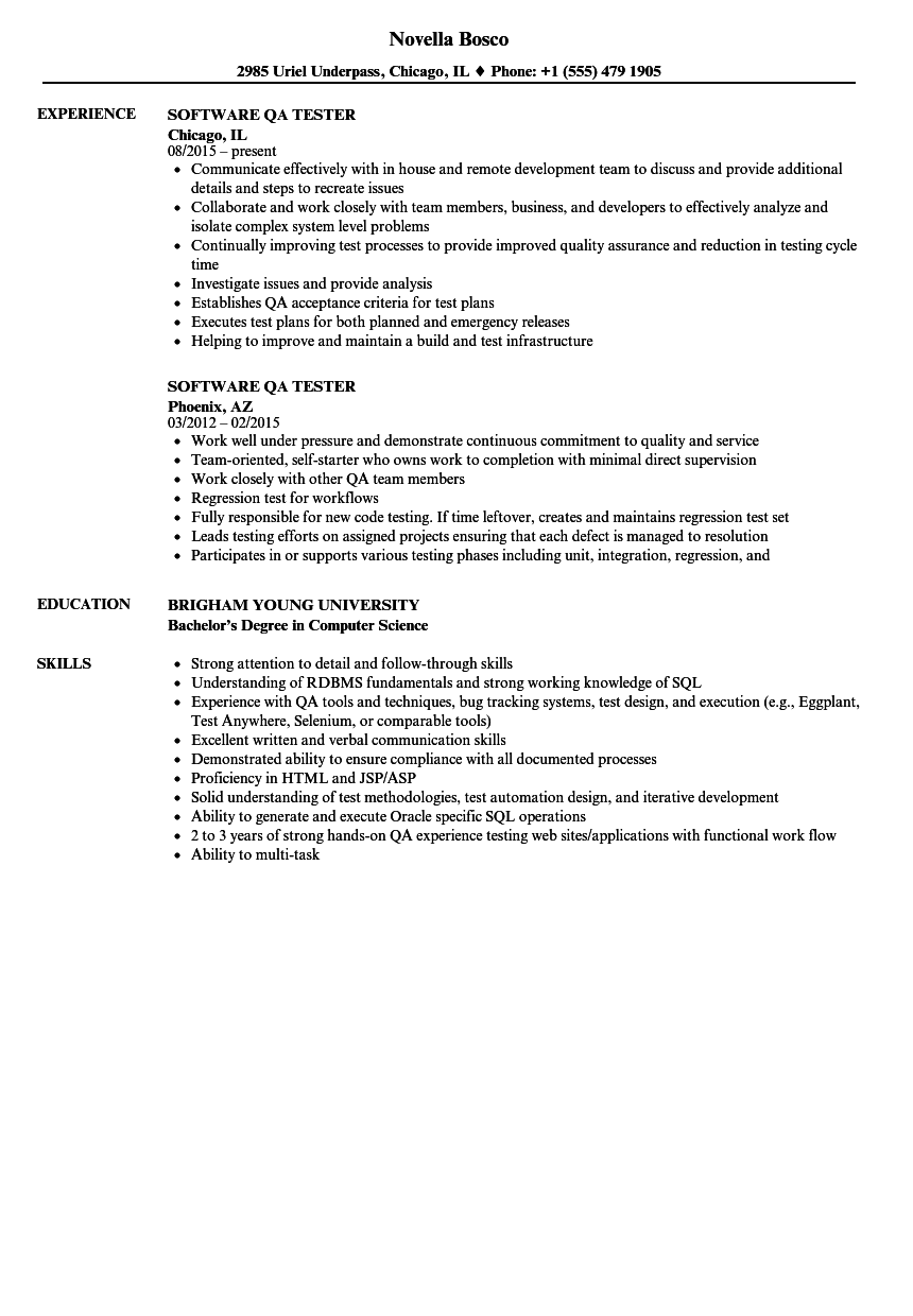 Software QA Tester Resume Samples