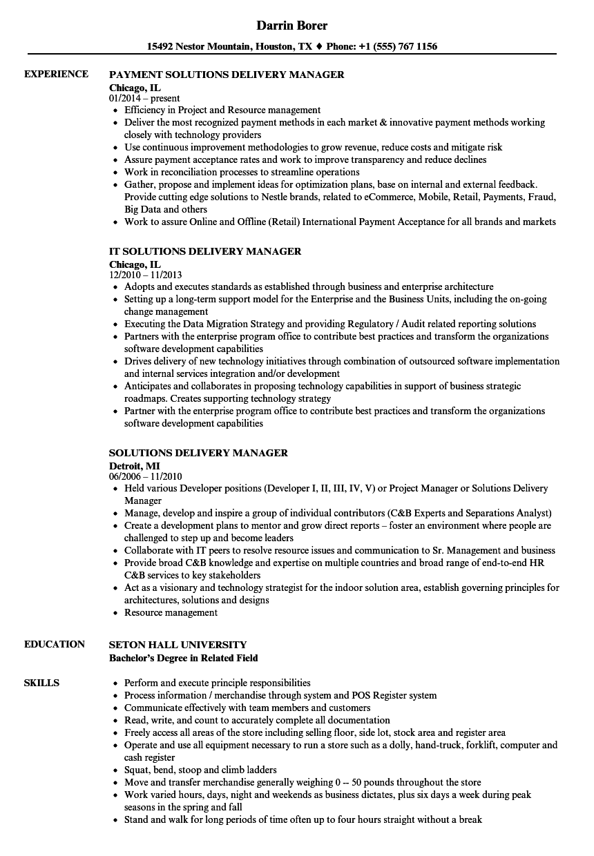 solutions delivery manager resume samples
