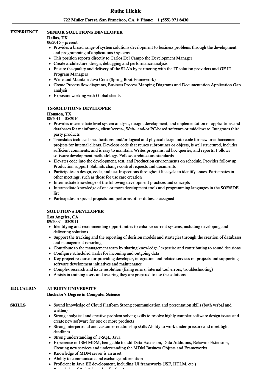 Solutions Developer Resume Samples Velvet Jobs