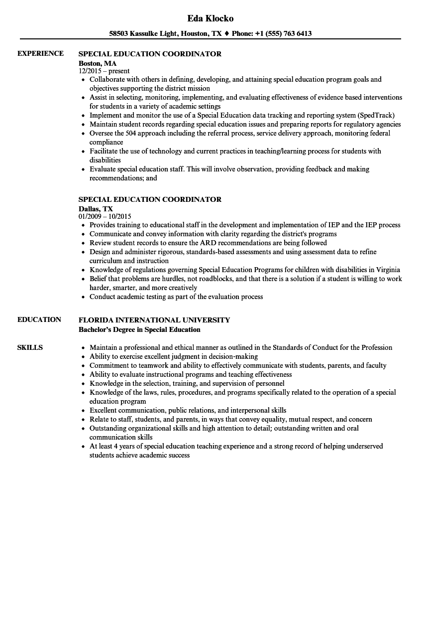 Special Education Coordinator Resume Samples  Velvet Jobs