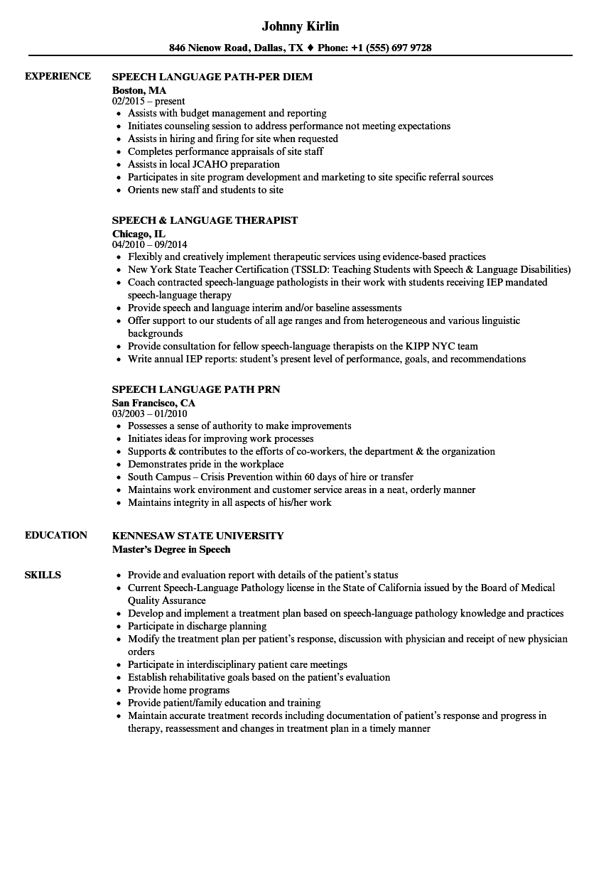 Speech Language Resume Samples  Velvet Jobs Pertaining To Speech And Language Report Template