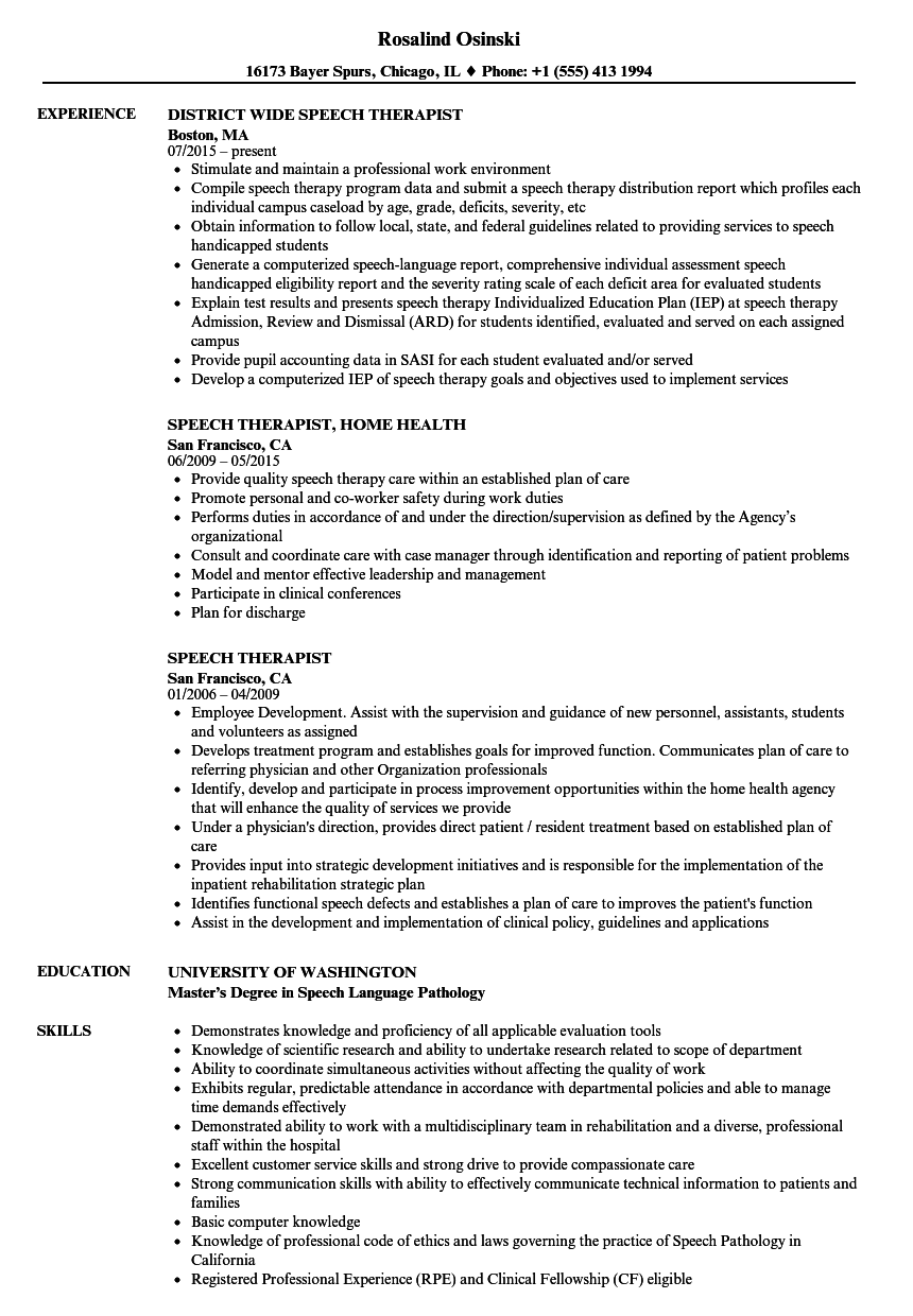 Speech Therapist Resume Samples  Velvet Jobs With Speech And Language Report Template