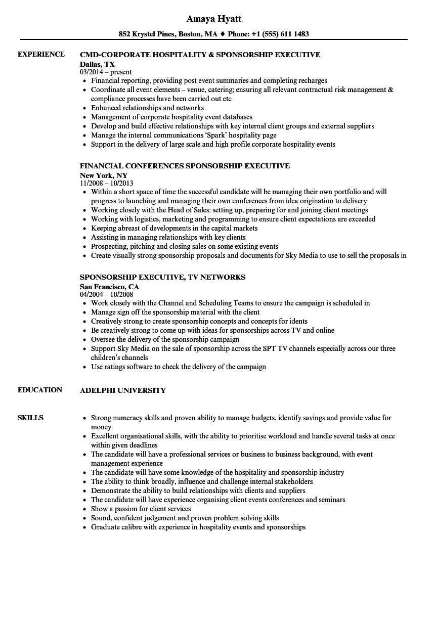 Sponsorship Executive Resume Samples  Velvet Jobs