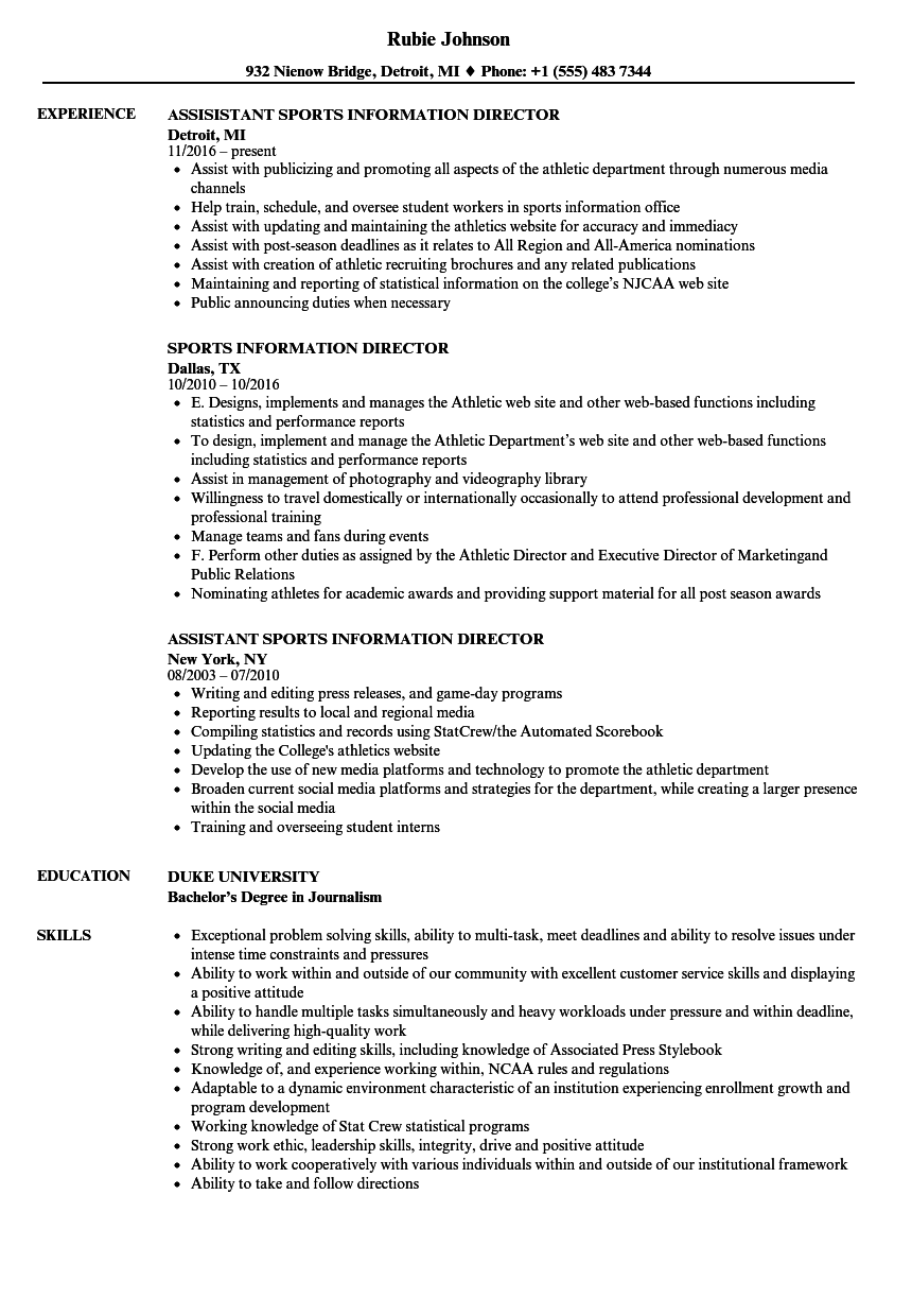 Sports Information Director Resume Samples | Velvet Jobs