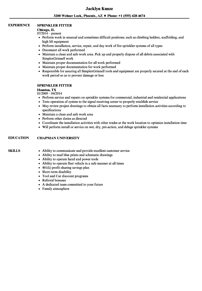 Sprinkler Fitter Resume Samples  Velvet Jobs