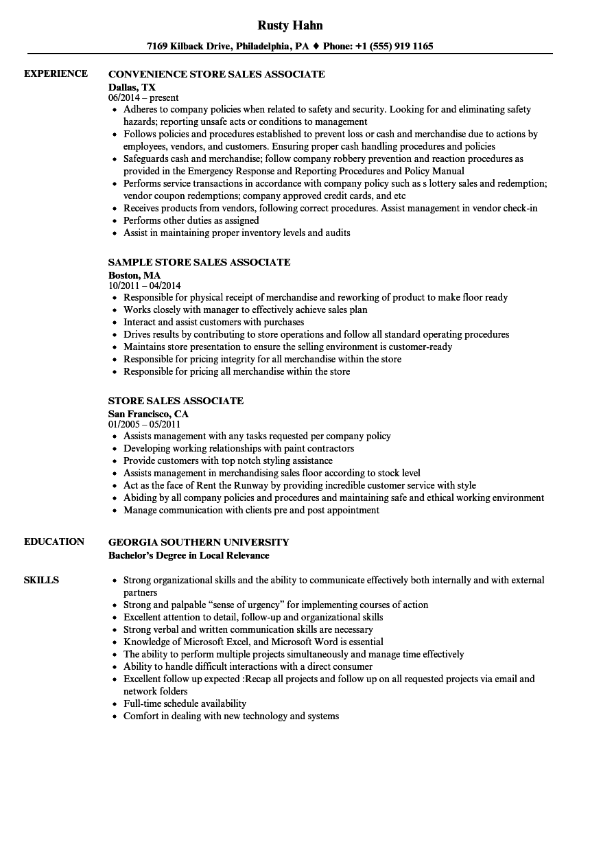 Store Sales Associate Resume Samples | Velvet Jobs