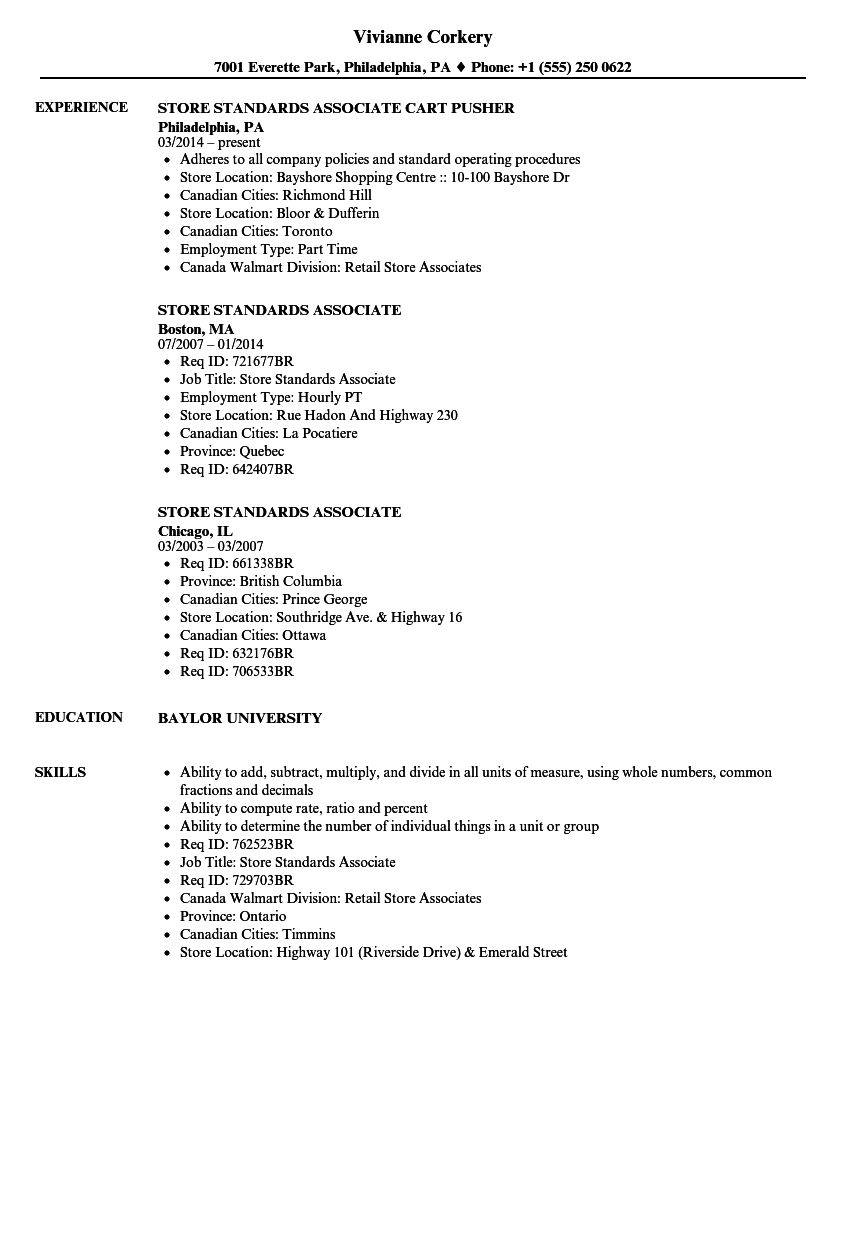 Store Standards Associate Resume Samples | Velvet Jobs