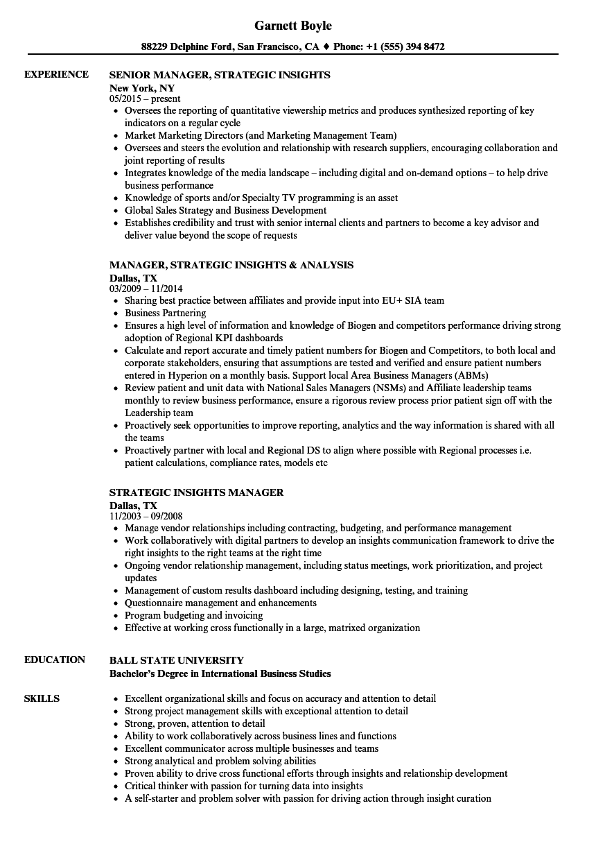 Strategic Insights Manager Resume Samples | Velvet Jobs