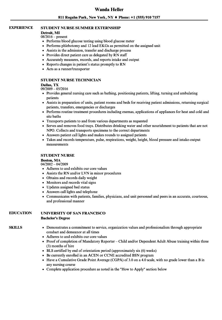 Student Nurse Resume Samples  Velvet Jobs