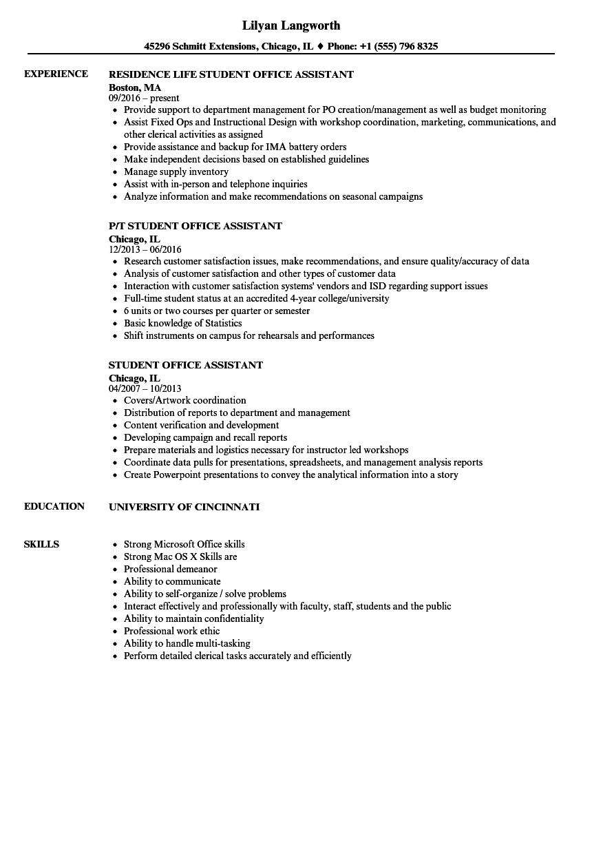 resume example for student assistant