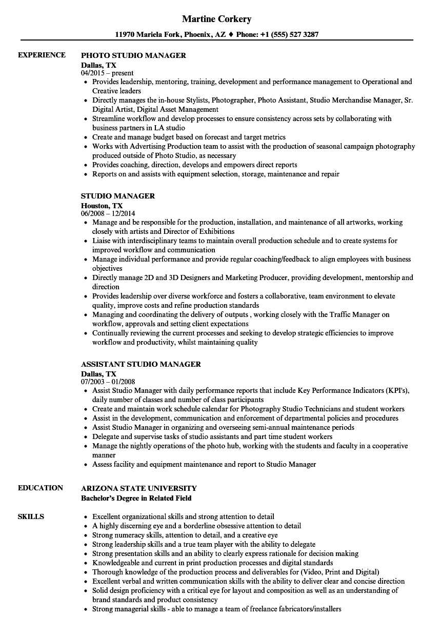 Studio Manager Resume Samples | Velvet Jobs