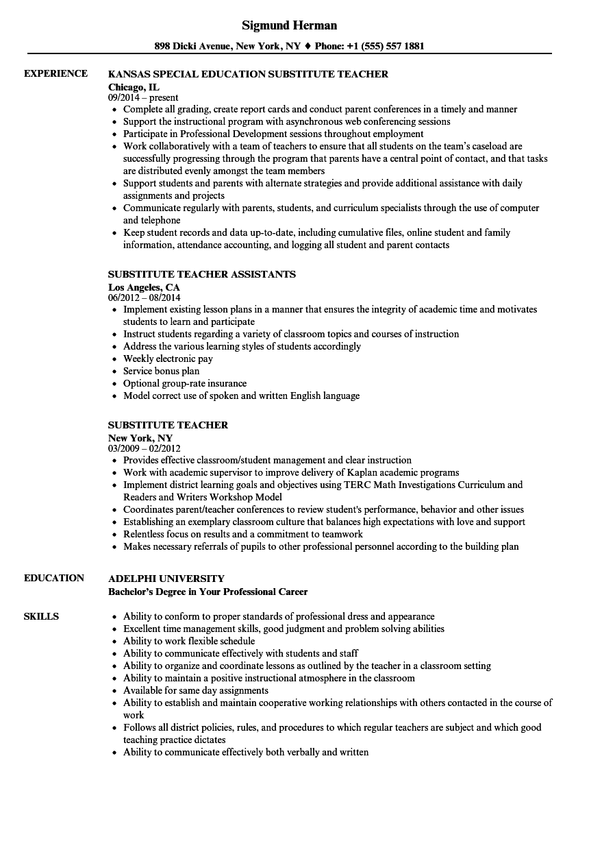 substitute teacher job experience on resume