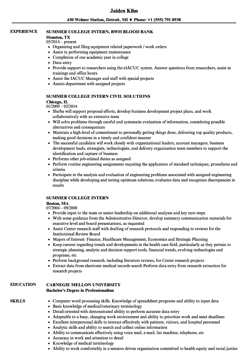 College internship resume sample September 16