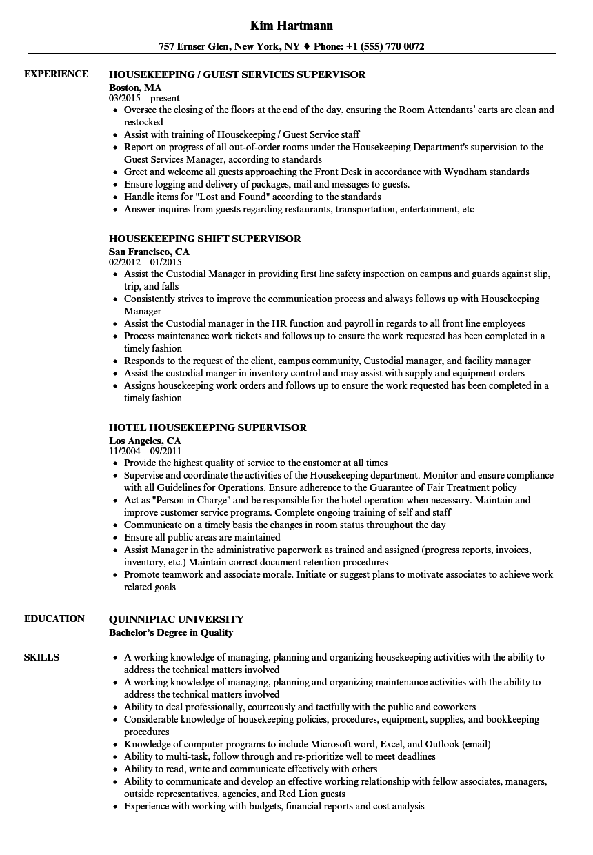 Supervisor Housekeeping Resume Samples Velvet Jobs