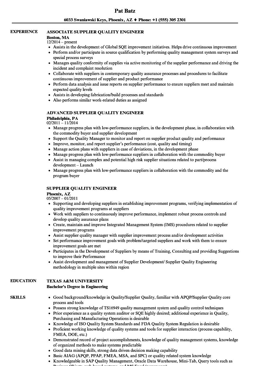 sample resume supplier quality assurance