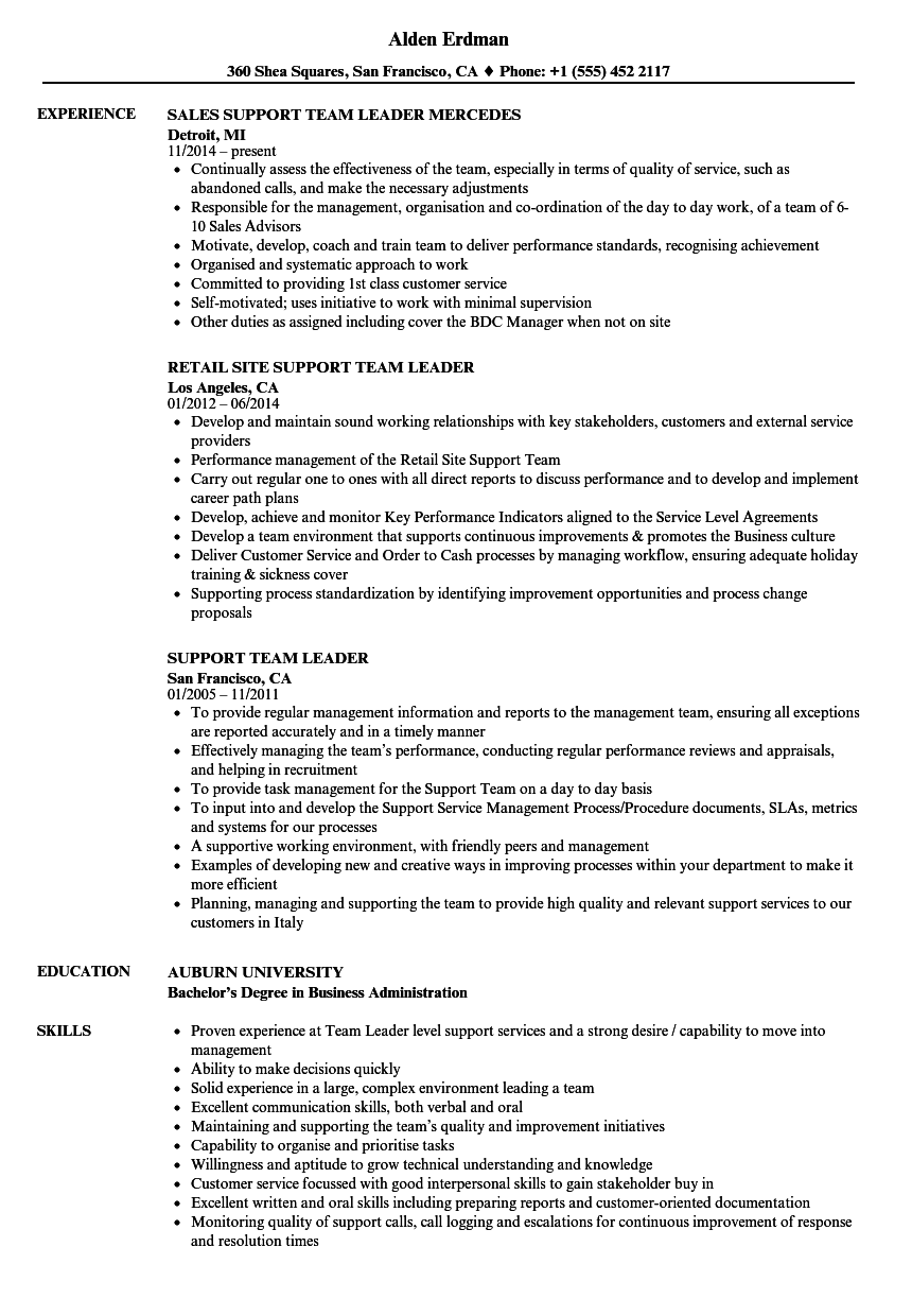 resume for team leader position