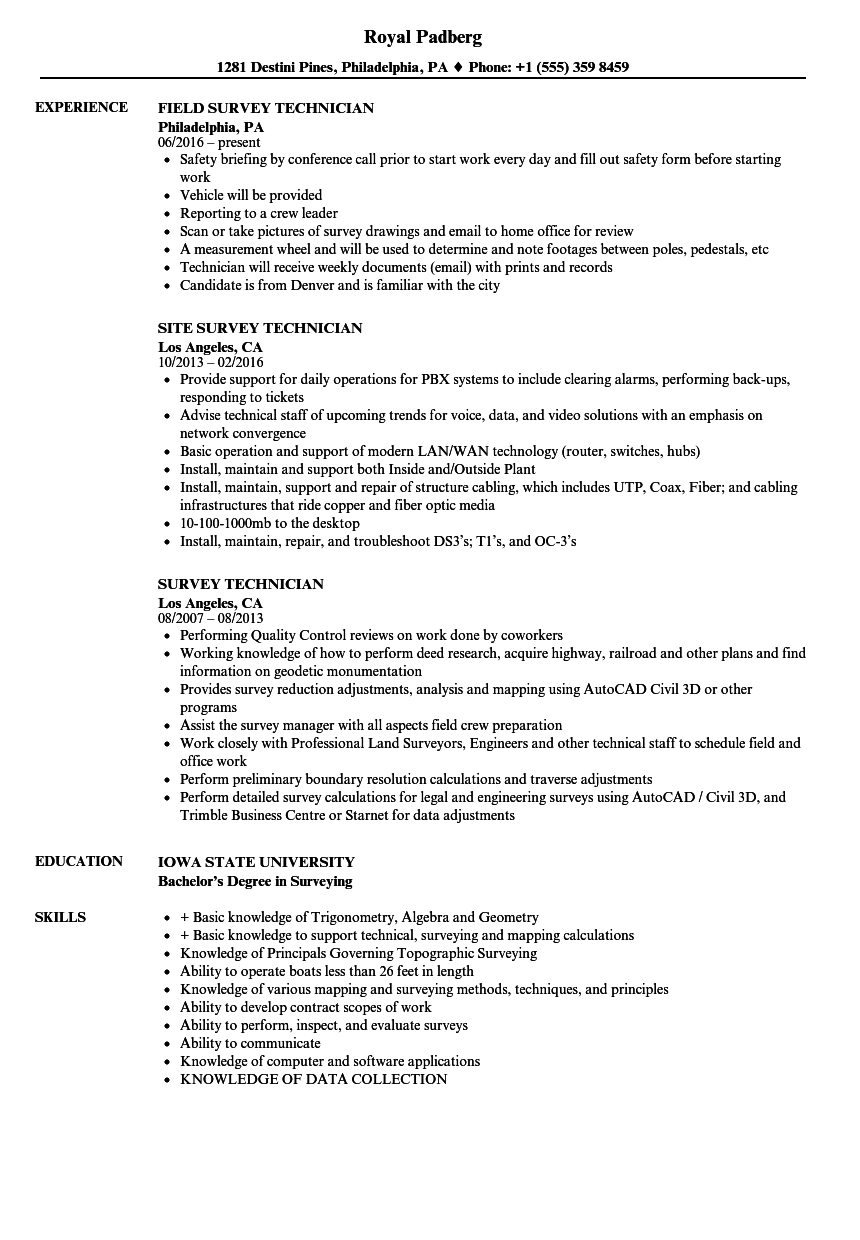 Survey Technician Resume Samples Velvet Jobs - download survey technician resume sample as image file